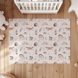 Watercolour Woodland Hedgehogs & Animals Rug Carpet, Animals, Decor, Children's Room Decor, Kids Rug, Monochrome Decor - thumbnail 3