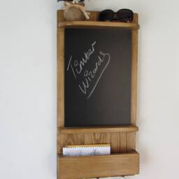 Reclaimed Wood Kitchen Organizer 3 Hook Key Holder With Shelf , Letter Rack & Large A3 Chalk Board/Blackboard Medium Oak Wax - thumbnail 2