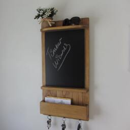 Reclaimed Wood Kitchen Organizer 3 Hook Key Holder With Shelf , Letter Rack & Large A3 Chalk Board/Blackboard Medium Oak Wax - thumbnail 3
