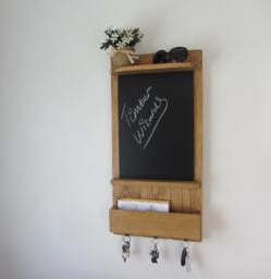 Reclaimed Wood Kitchen Organizer 3 Hook Key Holder With Shelf , Letter Rack & Large A3 Chalk Board/Blackboard Medium Oak Wax - thumbnail 1