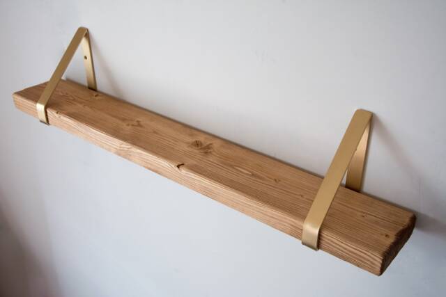 Light Brown Rustic Chunky Solid Wooden Wall Shelf With Gold Triangle Brackets - Shelving Heavy Duty 14.5cm Deep - image 1