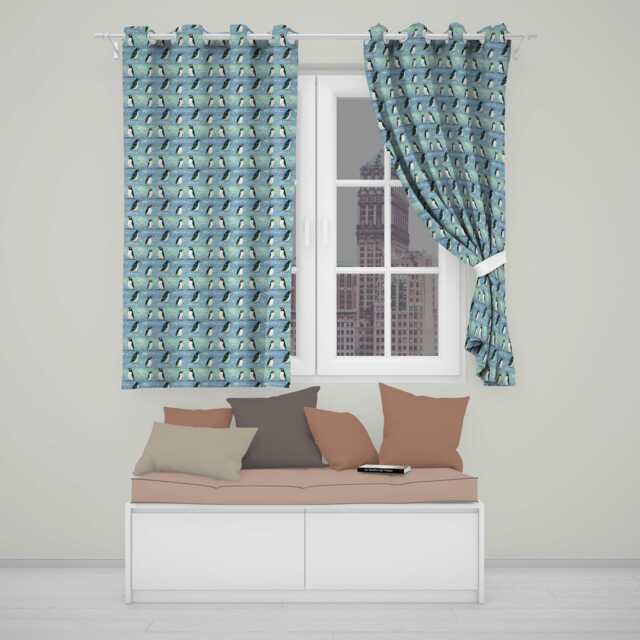 Cute Penguin Birds Snowy Winter Landscape Seamless Pattern Readymade Eyelet Ring Top Thermal 100% Blackout Curtains - image 1