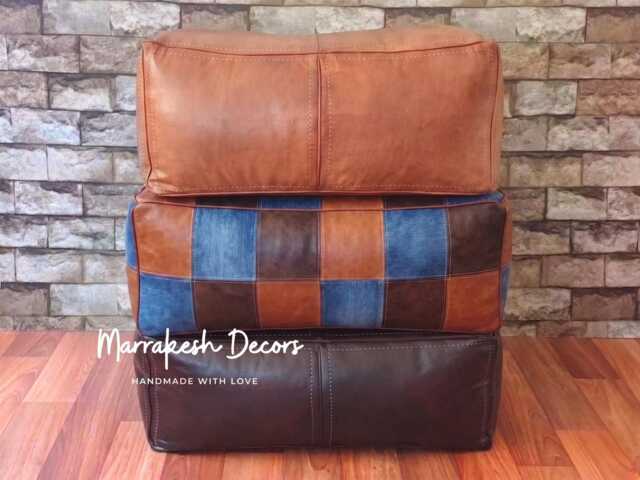 Rectangular Leather Pouf - Handmade Moroccan Rectangular Leather Pouf Ottoman , Pouf, Pouffe, Bench Pouf - image 1
