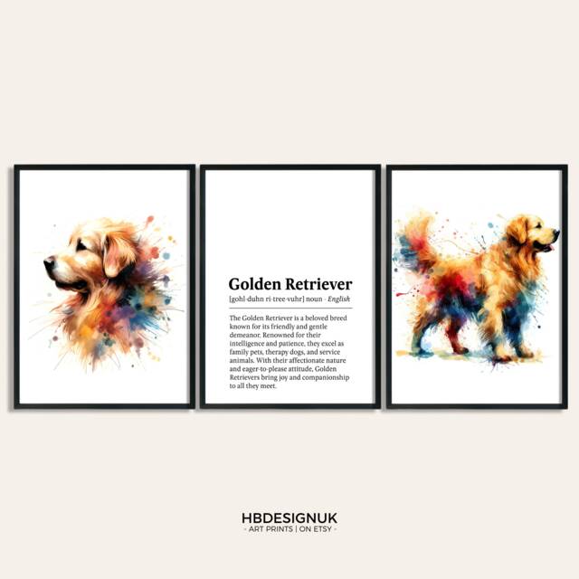 Golden Retriever Dog Prints - Set Of 3 Posters - Watercolour Definition Wall Art Colourful Painting Room Decor Dogs Artwork Gift Pet - image 1
