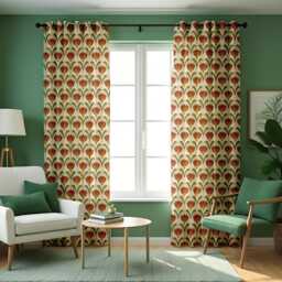 Calssic Art Deco Curtains, Retro Geometric Floral Drapes in Terracotta & Olive Tones, Mid Century Modern Style Window Panels - thumbnail 4