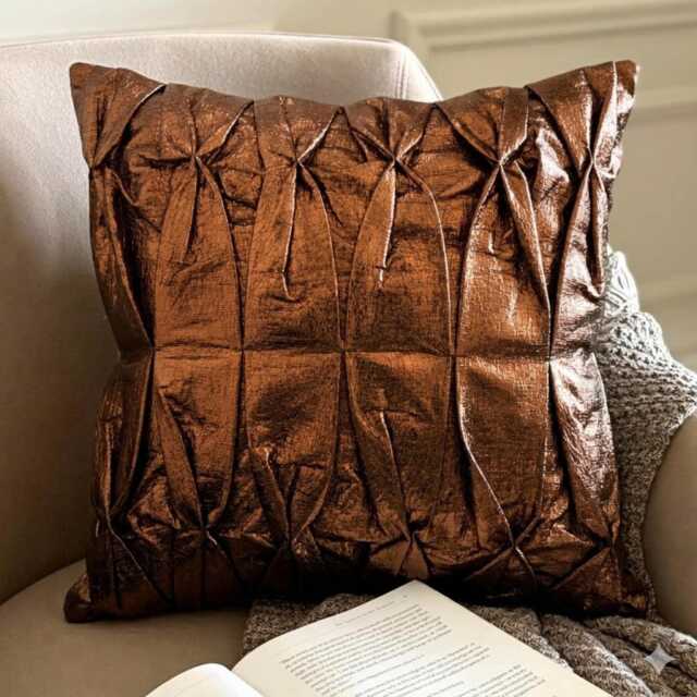Copper Faux Leather Textured Pintucks Solid Pattern, Modern Throw Pillow Cover - Stunning Bronzer - image 1
