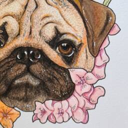 Floral Pug Dog Portrait - August Birth Flower Art Print - thumbnail 3