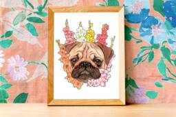 Floral Pug Dog Portrait - August Birth Flower Art Print - thumbnail 1