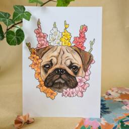 Floral Pug Dog Portrait - August Birth Flower Art Print - thumbnail 2