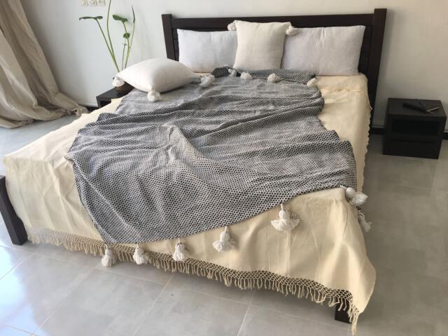 Cotton Blanket With Pompoms Hand Loomed in Morocco - image 1