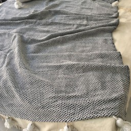Cotton Blanket With Pompoms Hand Loomed in Morocco - thumbnail 3
