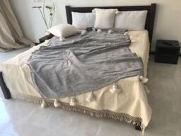 Cotton Blanket With Pompoms Hand Loomed in Morocco