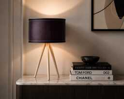 Dark Plum Leather Shade Tripod Table Lamp - Modern Luxury Accent Lighting - thumbnail 1