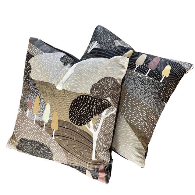 Black Grey Cushion Cover Modern Art Tree Hills Botanical Design Print On Velvet - image 1