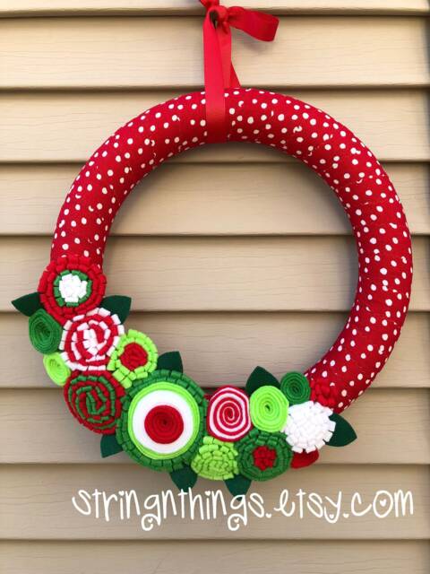 Handmade Christmas Wreath Polka Dot Fabric & Felt Flowers - 12 Inch - image 1