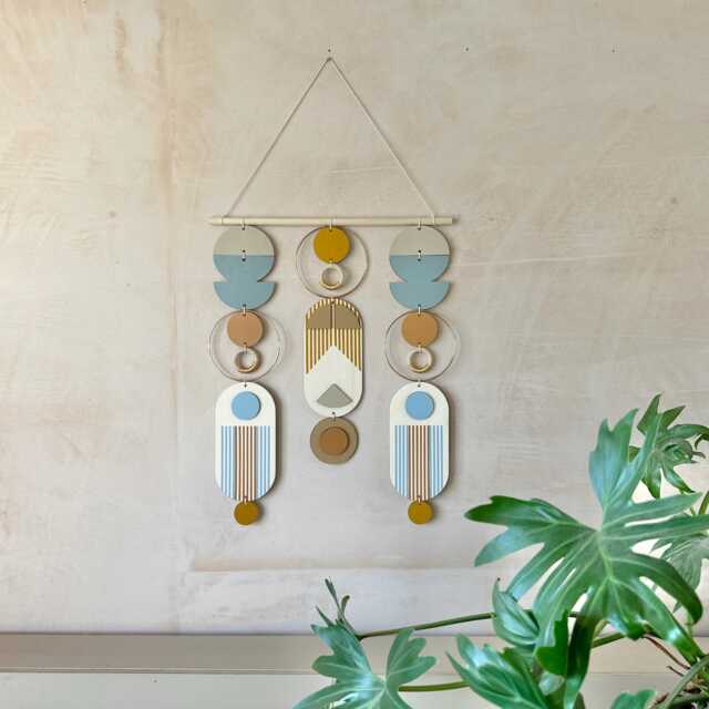 Geometric Boho Wall Art - Modern Wood Tapestry, Ochre & Blue - image 1