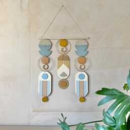 Geometric Boho Wall Art - Modern Wood Tapestry, Ochre & Blue - thumbnail 4