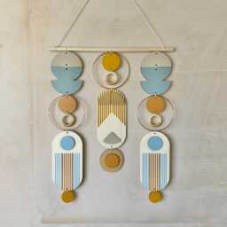 Geometric Boho Wall Art - Modern Wood Tapestry, Ochre & Blue - thumbnail 2