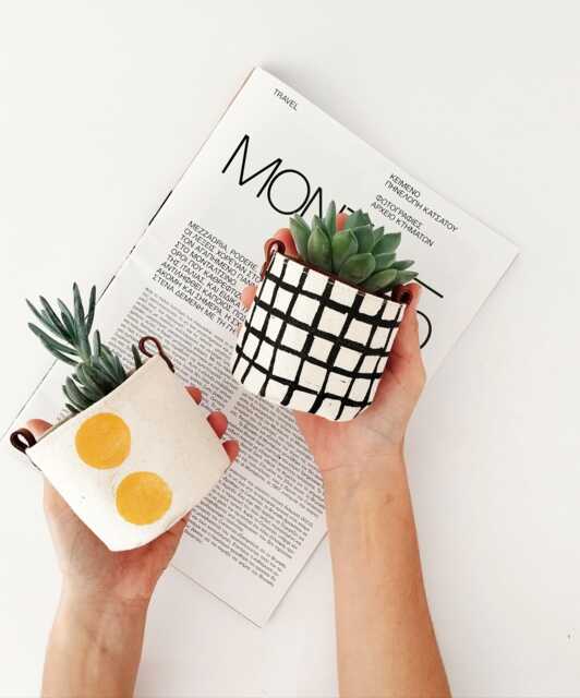Block Printed Fabric Planter Covers Set Modern Scandinavian Style, Leather Detail - Mini Succulent Pots, Indoor Plant Decor - image 1