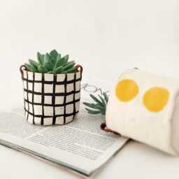 Block Printed Fabric Planter Covers Set Modern Scandinavian Style, Leather Detail - Mini Succulent Pots, Indoor Plant Decor - thumbnail 4