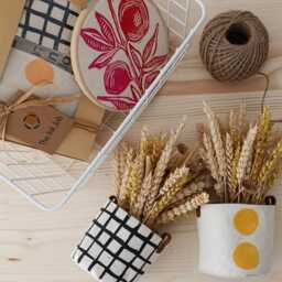 Block Printed Fabric Planter Covers Set Modern Scandinavian Style, Leather Detail - Mini Succulent Pots, Indoor Plant Decor - thumbnail 3