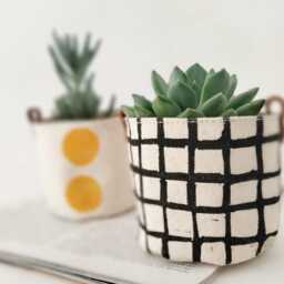 Block Printed Fabric Planter Covers Set Modern Scandinavian Style, Leather Detail - Mini Succulent Pots, Indoor Plant Decor - thumbnail 3