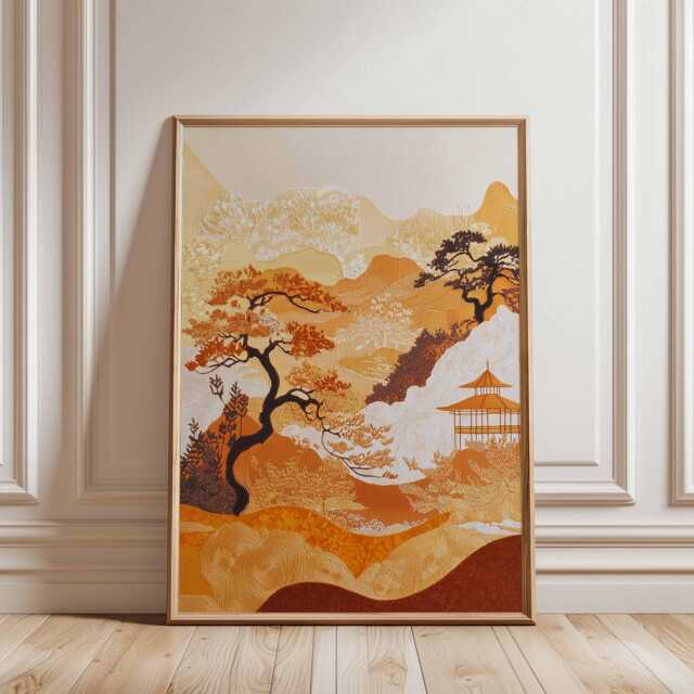 Japanese Autumn Landscape Poster Orange Asian Wall Art Mountain Trees Pavilion Nature Print Vertical Decor, Ink Style - image 1