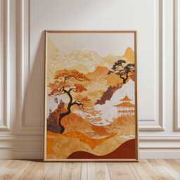 Japanese Autumn Landscape Poster Orange Asian Wall Art Mountain Trees Pavilion Nature Print Vertical Decor, Ink Style - thumbnail 1