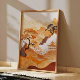 Japanese Autumn Landscape Poster Orange Asian Wall Art Mountain Trees Pavilion Nature Print Vertical Decor, Ink Style - thumbnail 2