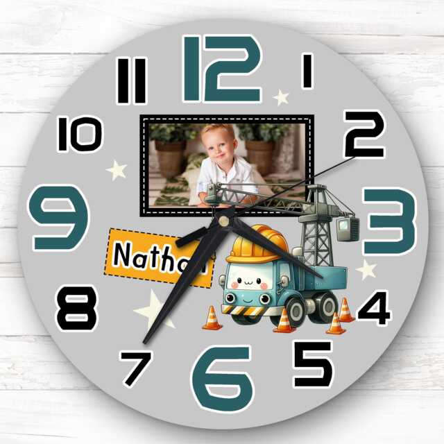 Boys Construction Digger Photo Personalised Gift For Kid's Bedroom Clock - Kids Clock, Children's , Custom Wall - image 1