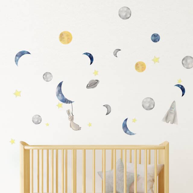 Space Theme Wall Decals Moon Planets Vinyl Stickers Peel Stick Removable Boys Nursery Bedroom Decor - image 1