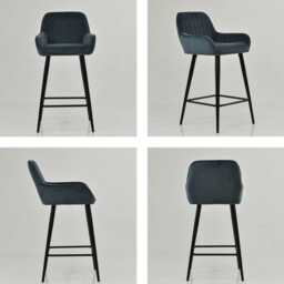 Blue Velvet Bar Stool With Backrest - Breakfast & Kitchen Stool, Art Deco Black Base - thumbnail 4