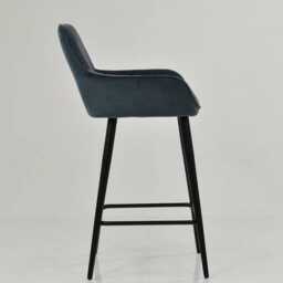 Blue Velvet Bar Stool With Backrest - Breakfast & Kitchen Stool, Art Deco Black Base - thumbnail 3