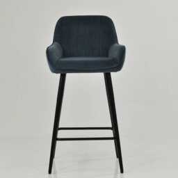 Blue Velvet Bar Stool With Backrest - Breakfast & Kitchen Stool, Art Deco Black Base - thumbnail 1