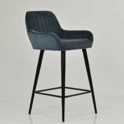 Blue Velvet Bar Stool With Backrest - Breakfast & Kitchen Stool, Art Deco Black Base - thumbnail 2