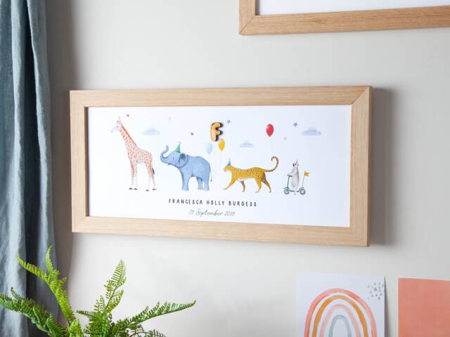 Animal Parade With Wooden Initial Balloon, Personalised Kids Nursery Wall Print