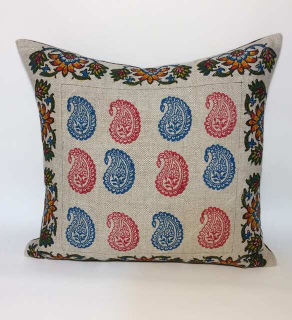 Pink & Blue Paisley Pillow, Irish Linen Pillow With Traditional Block Printed Design- Decorative Cushions- Pillowcase 18 - image 1
