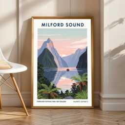 Milford Sound Print Vintage New Zealand Travel Poster - thumbnail 1
