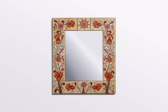 Boho Style Handpainted Ceramic Mirror Wall Art Diy Floral Decor Beige Mosaic Bohemian Coat Rack Mount Square - image 1