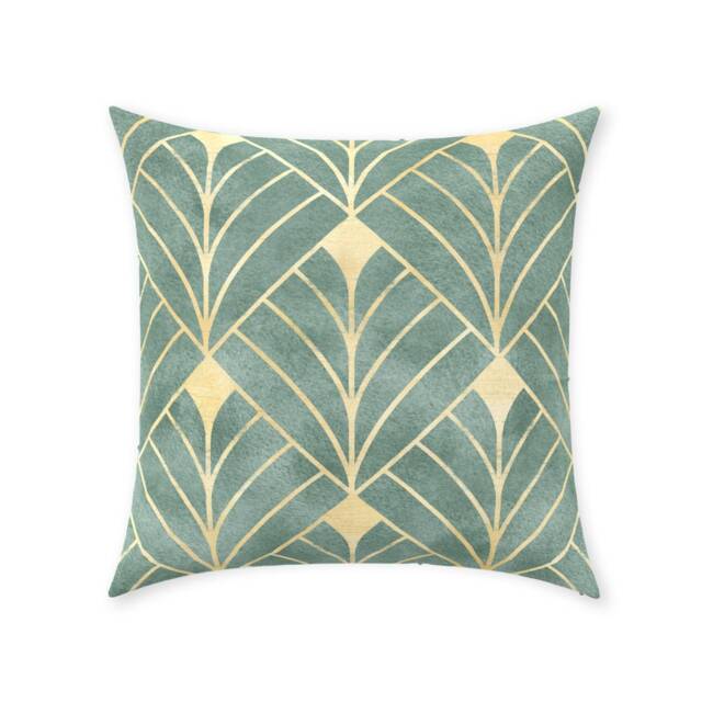 Art Deco Pillow Cover - Pure Cotton Twill Print Fabric Gatsby Vintage Geometric Design Pastel Mint Green & Gold Decorative Cushion - image 1
