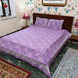 Lilamrita - Hand Block Printed Cotton Bed Cover With Two Pillow Cases, Flat Sheet, King Size, Floral, Ethical, Handcrafted, Pink, Navy, White - thumbnail 3