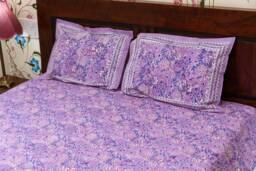Lilamrita - Hand Block Printed Cotton Bed Cover With Two Pillow Cases, Flat Sheet, King Size, Floral, Ethical, Handcrafted, Pink, Navy, White - thumbnail 1