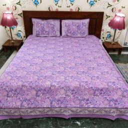 Lilamrita - Hand Block Printed Cotton Bed Cover With Two Pillow Cases, Flat Sheet, King Size, Floral, Ethical, Handcrafted, Pink, Navy, White - thumbnail 2