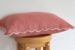 Pink Linen Pillow Cover - White Scalloped Edge, Lumbar Cushion