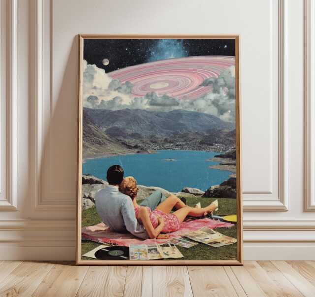 Surreal Beach Collage Art Print, Retro Dreamscape Wall With Saturn Sky, Vintage Pop Poster, Whimsical Cosmic Home Decor - image 1