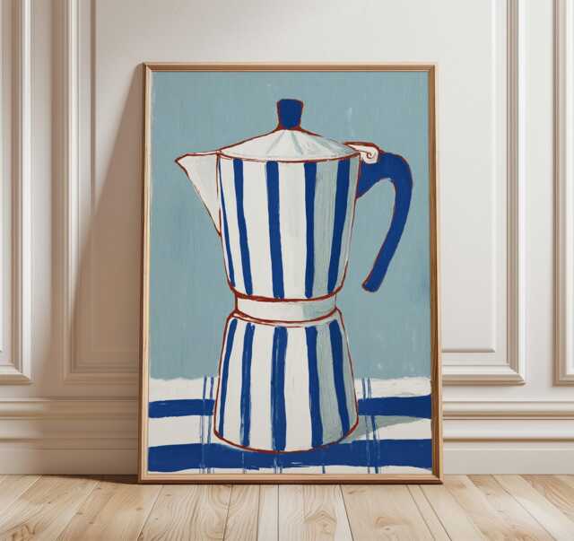 Blue & White Moka Pot Poster, Modern Mediterranean Coffee Art, Minimalist Kitchen Wall Decor, Striped Maker Print - image 1
