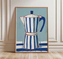 Blue & White Moka Pot Poster, Modern Mediterranean Coffee Art, Minimalist Kitchen Wall Decor, Striped Maker Print - thumbnail 1