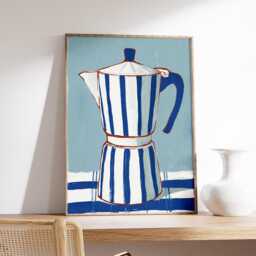 Blue & White Moka Pot Poster, Modern Mediterranean Coffee Art, Minimalist Kitchen Wall Decor, Striped Maker Print - thumbnail 2