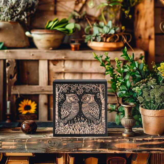 Great Horned Owl Couple Engraved Birch Wood Panel - Block Print Style Woodland Wall Art, Forest Cabin Nature Decor, Farmhouse Gift - image 1