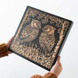 Great Horned Owl Couple Engraved Birch Wood Panel - Block Print Style Woodland Wall Art, Forest Cabin Nature Decor, Farmhouse Gift - thumbnail 2